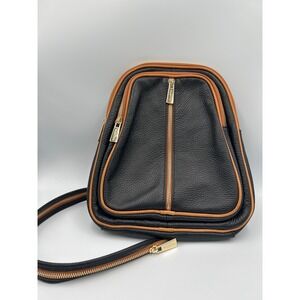 Valentina Italy Black Pebbled Leather Convertible Backpack Sling Bag Gold Zip